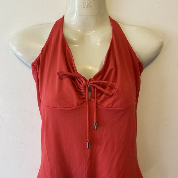 HeidiKlein Red HalterNeck OnePiece Swimsuit UnPadded Keyhole Beach Preppy 4 - Picture 8 of 9
